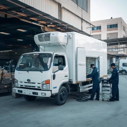 Technician performing body maintenance on refrigerated truck, ensuring the cooling system & exterior are in optimal condition for temperature-controlled transport