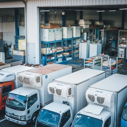 refrigerated trucks all ready to go and parked in front of the workshop