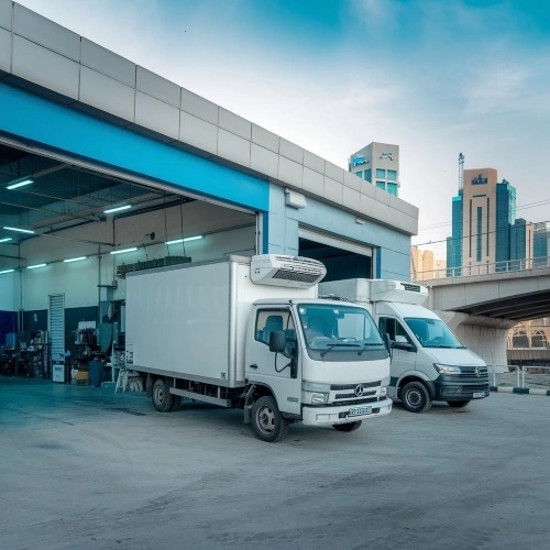 side view of the workshop with parked refrigerated trucks after the various transport refrigeration services